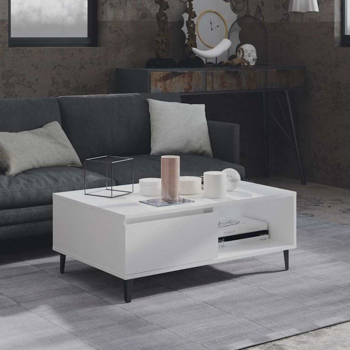 Mesa de centro blanca, 90x60x35 cm, madera de ingeniería.
