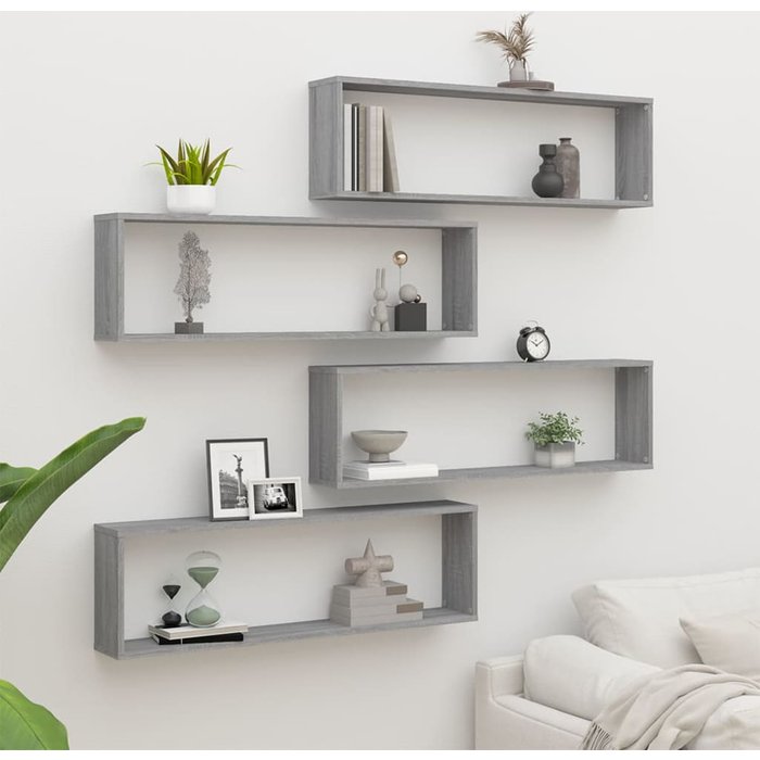 Estantería de pared cúbica de 4 piezas, gris sonoma, 100x15x30 cm, madera
