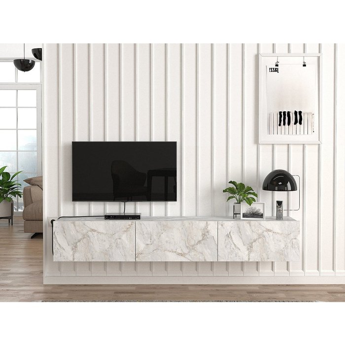 Mueble tv suspendido con 3 puertas - efecto mármol blanco - vikila