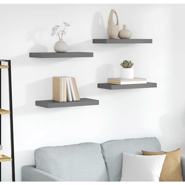 Estantería flotante de pared, 4 piezas, gris brillante, 50x23x3,8 cm, mdf