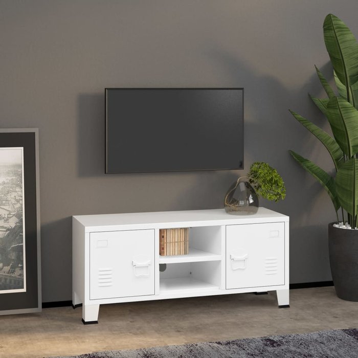 Mueble de tv industrial, blanco, 105x35x42 cm, metal
