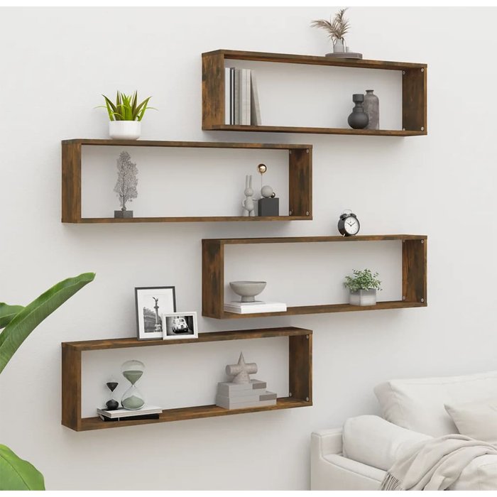 Estante cúbico de pared 4 uds madera roble ahumado 100x15x30cm- comfortxl