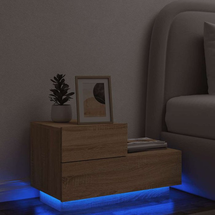 Mesita de noche con luces led, roble sonoma, 70x36x40,5 cm