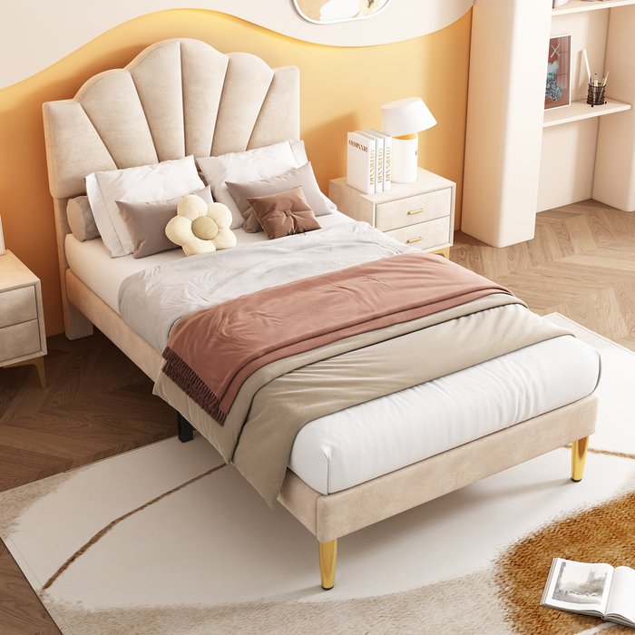 Cama shell - 90 x 200 cm - terciopelo - color beige + somier de láminas