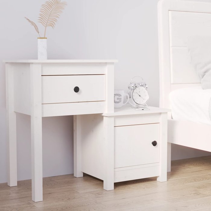 Mesita de noche blanca, 79,5 x 38 x 65,5 cm, madera maciza de pino.