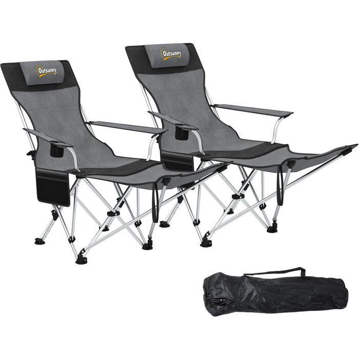 Set 2 sillas plegables camping con reposapiés y cabezal - gris/negro 120kg