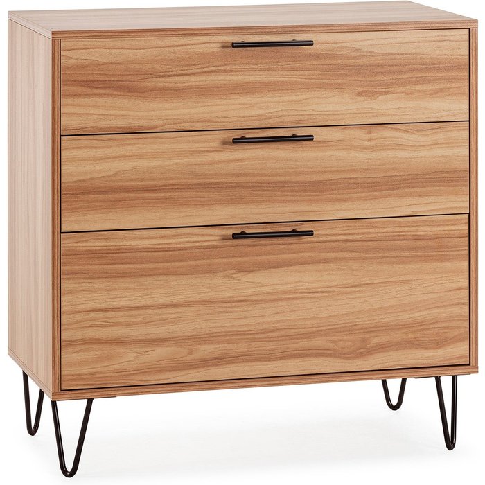 Cómoda de noche alma 3 cajones color madera, pies metálicos