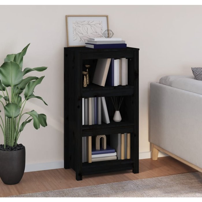 Librería negra, 50x35x97 cm, madera maciza de pino. - pangivo