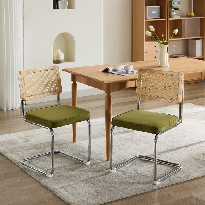 Silla de comedor, respaldo de ratán/diseño cantilever, terciopelo - verde oliva