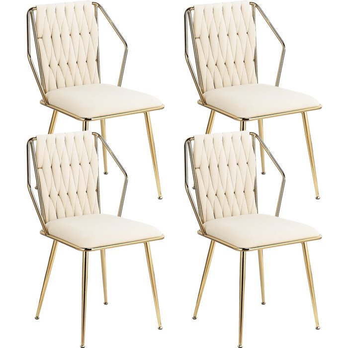 Juego de 2 sillas de comedor de terciopelo - respaldo tejido a mano - beige