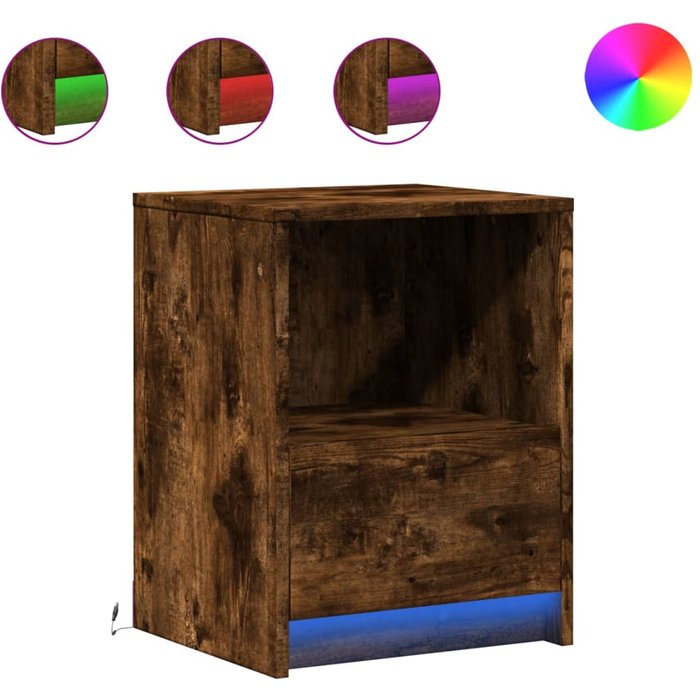 Mesita de noche con luces led madera ingeniería roble ahumado - comfortxl