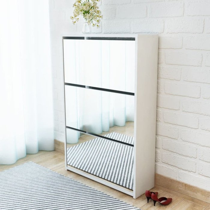Mueble para zapatos de 3 estantes 63x17x102,5 cm con espejo blanco