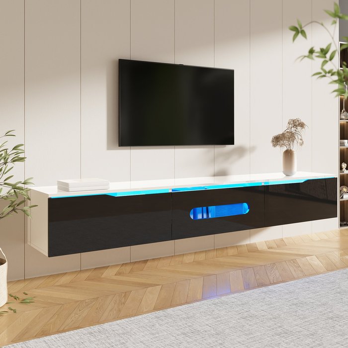 Mueble tv de 180 cm con iluminación led/3 puertas, mdf, blanco/negro
