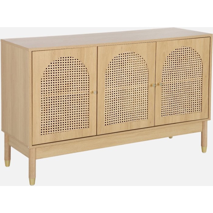 Aparador con decoración madera y mimbre 3 puertas, 120cm natural - 120x40x75 cm