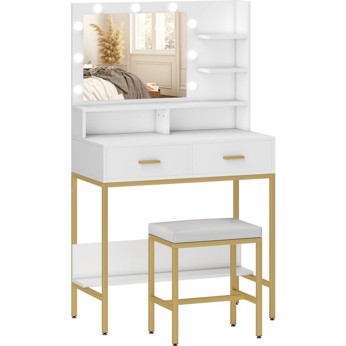 Tocador de maquillaje homcom melamina de madera, mdf blanco 80x40x138 cm