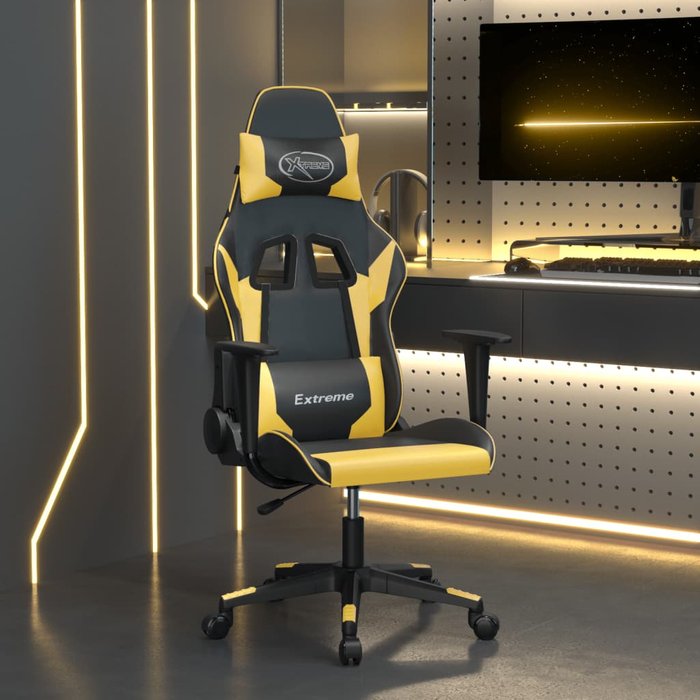 Silla gaming de masaje cuero sintético negro y dorado