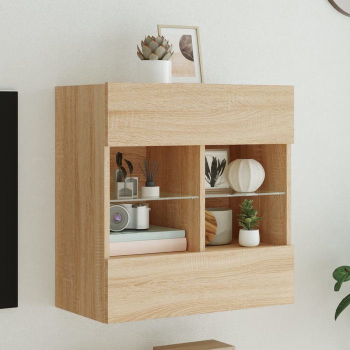 Mueble de tv de pared con luces led, roble sonoma, 58,5x30x60,5 cm