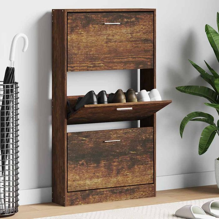 Zapatero, roble ahumado, 59x17x108 cm, madera de ingeniería.