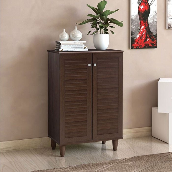 Zapatero de color nogal, 4 niveles, capacidad para 10 pares, 60x34.5x91.5 cm