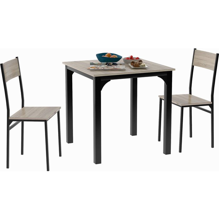 Mesa 70x70x75 cm y 2 sillas, mdf y pvc con patas de metal, madera clara