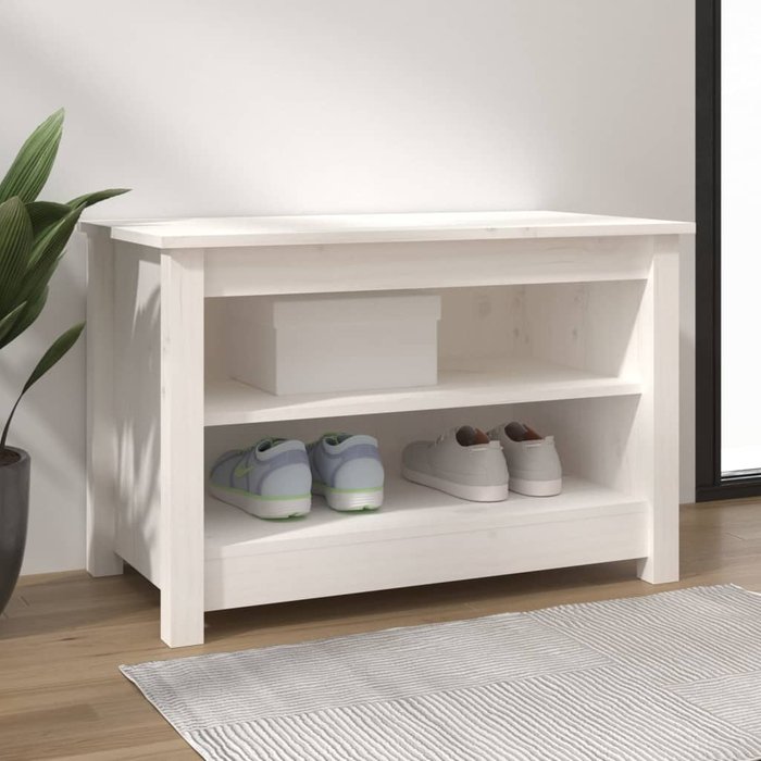 Banco zapatero blanco de 70x38x45,5 cm, madera maciza de pino.
