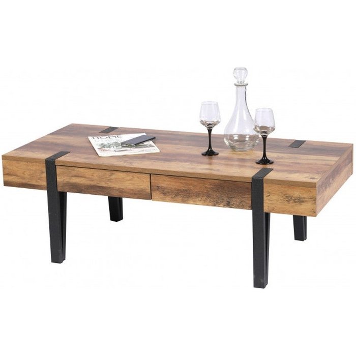 Mesa baja lovy - madera con patas de metal, 2 cajones