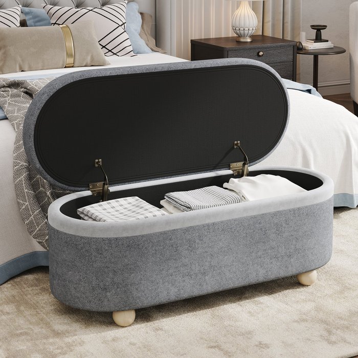 Banco de almacenamiento 110x41x47 cm con patas de madera maciza, de tela, gris