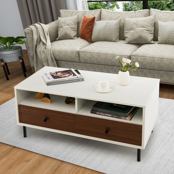 Mesa centro madera 2 cajones estantes almacenamiento rectangular blanco