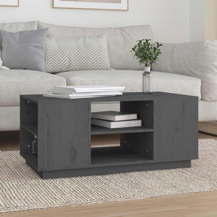 Mesa de centro gris de 90x49x40,5 cm, de madera maciza de pino.