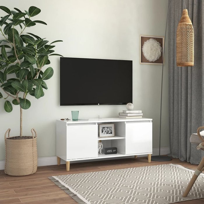 Mueble de tv con patas de madera, blanco brillo, 103,5x35x50 cm