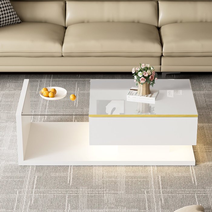 Mesa de centro moderna - vidrio - iluminación led - almacenamiento - blanco