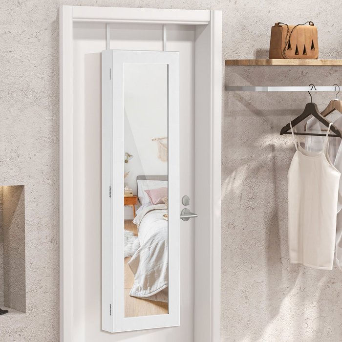 Joyero de pared con espejo 16 ganchos 60 ranuras 2 estantes organizador blanco