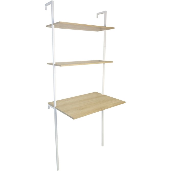 Escritorio de pared de 2 estantes de madera natural y metal blanco