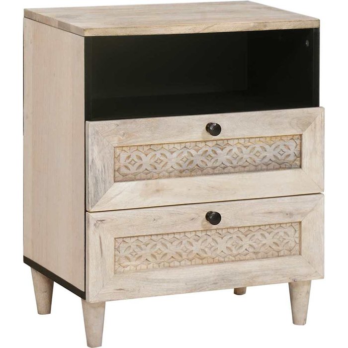 Mesita de noche beige, 50 x 33 x 62 cm, madera maciza de acacia.