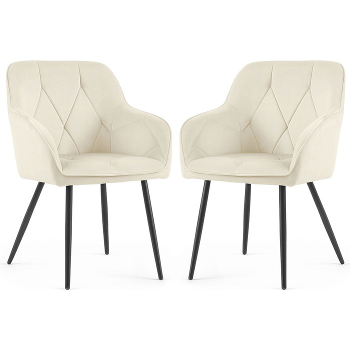 Juego de 2 sillas en terciopelo acolchado diamante crema patas negras