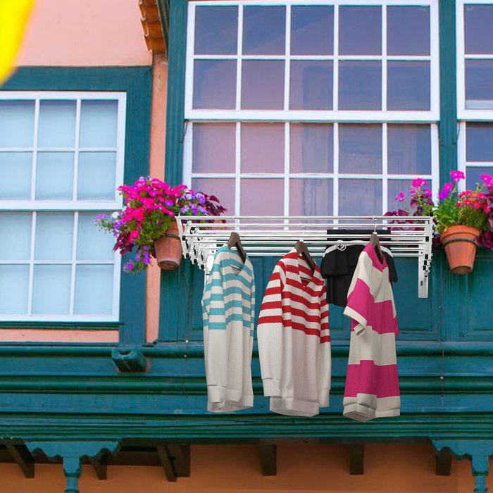 Tendedero pared retráctil acordeón inoxidable 8 barras carga 25kg ahorra espacio