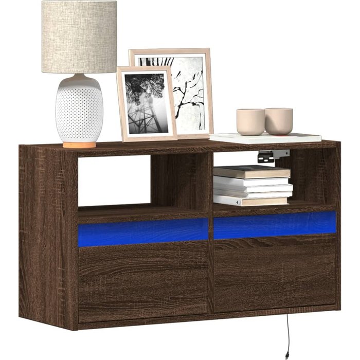 Mueble de tv de pared con luces led, acabado roble marrón, 80x31x45 cm
