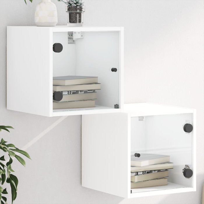 Mesitas de noche con puertas de cristal, 2 unidades, blancas, 35x37x35 cm