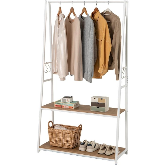 Perchero de pie con 2 estantes metal y madera para dormitorio 94x40x171cm