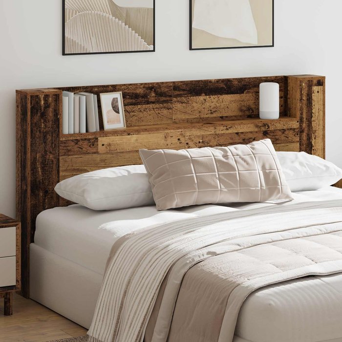 Cabecera con led con estante madera vieja 180 x 16,5 x 103,5 cm