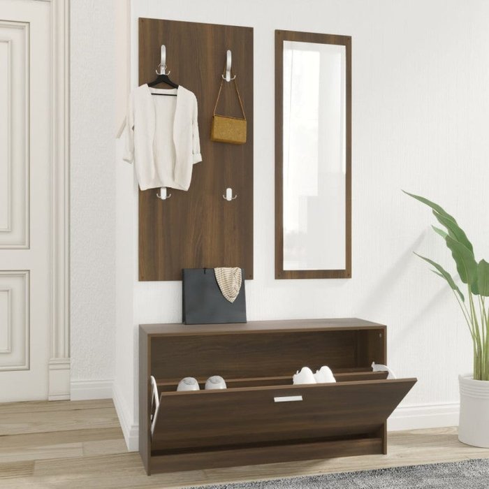 Vidaxl set de mueble zapatero 3 en 1 madera contrachapada marrón roble