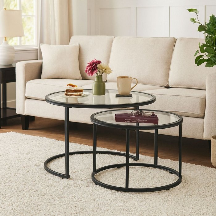 Mesas nido de cristal y metal, juego de 2 - sala de estar