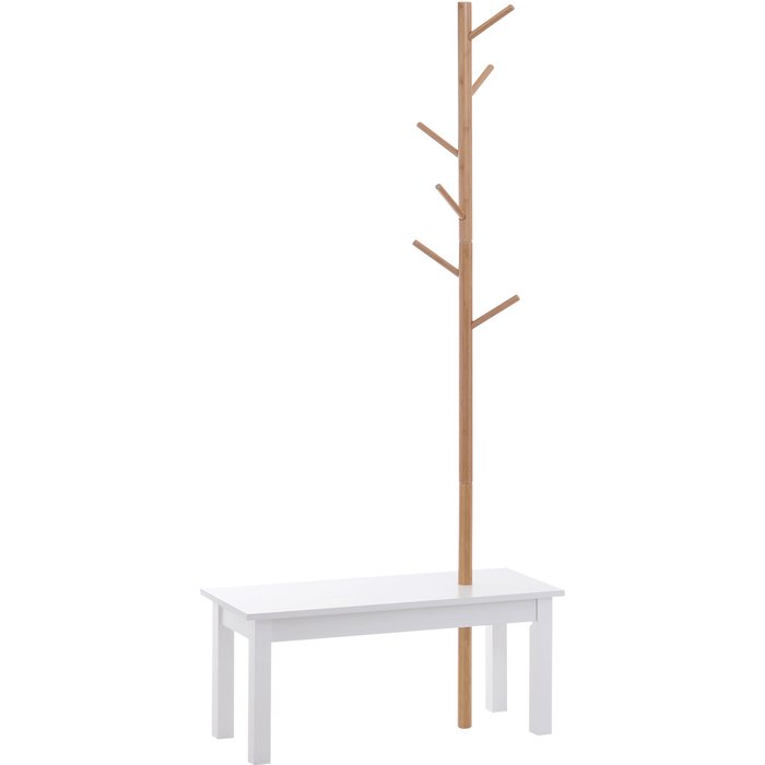 Perchero pie bambú con banco 6 ganchos árbol moderno 80x30x180cm blanco madera