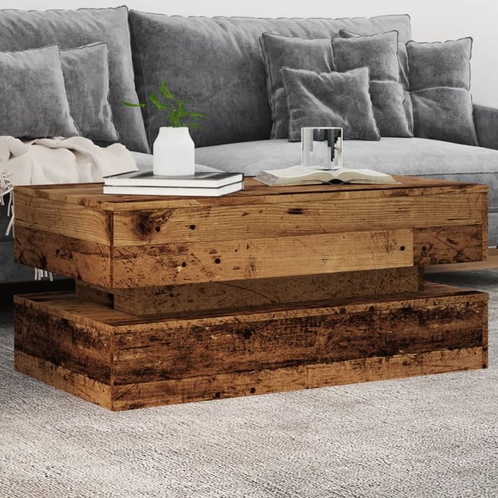 Mesa de centro con luces led madera envejecida 90x50x40 cm