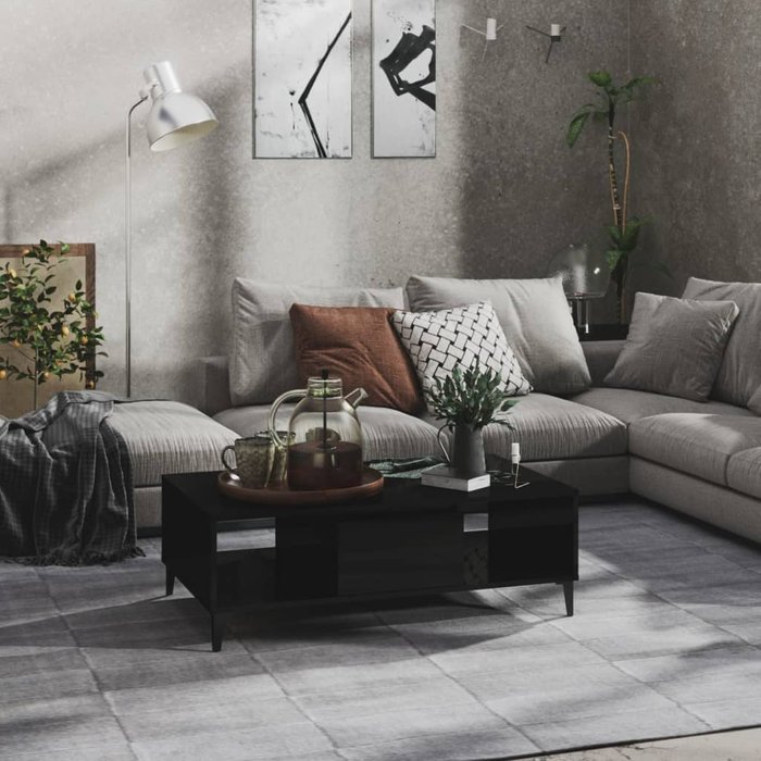 Mesa de centro negra brillante, 103,5 x 60 x 35 cm, madera de ingeniería.