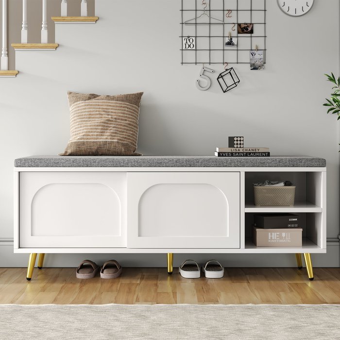 Zapatero con asiento/cojín, fabricado en aglomerado, 121 x 35 x 49 cm, blanco