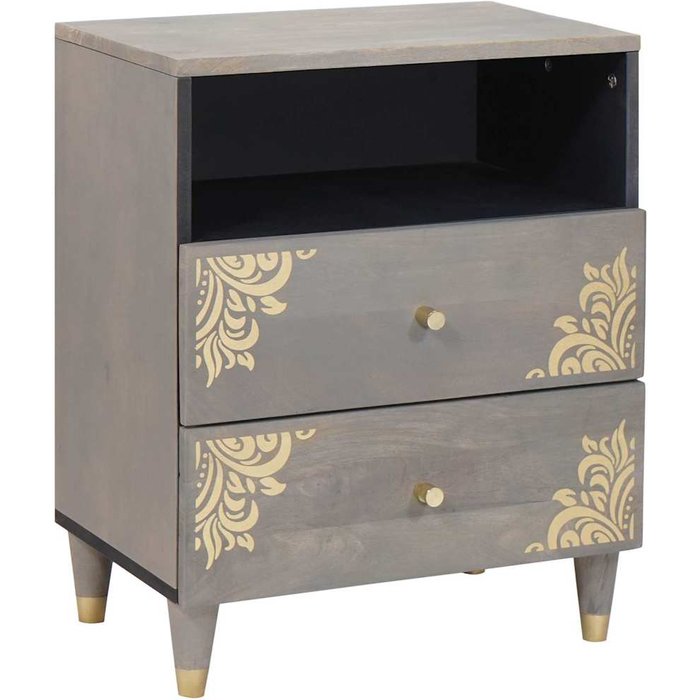 Mesita de noche gris de 50 x 33 x 62 cm. madera maciza de mango.