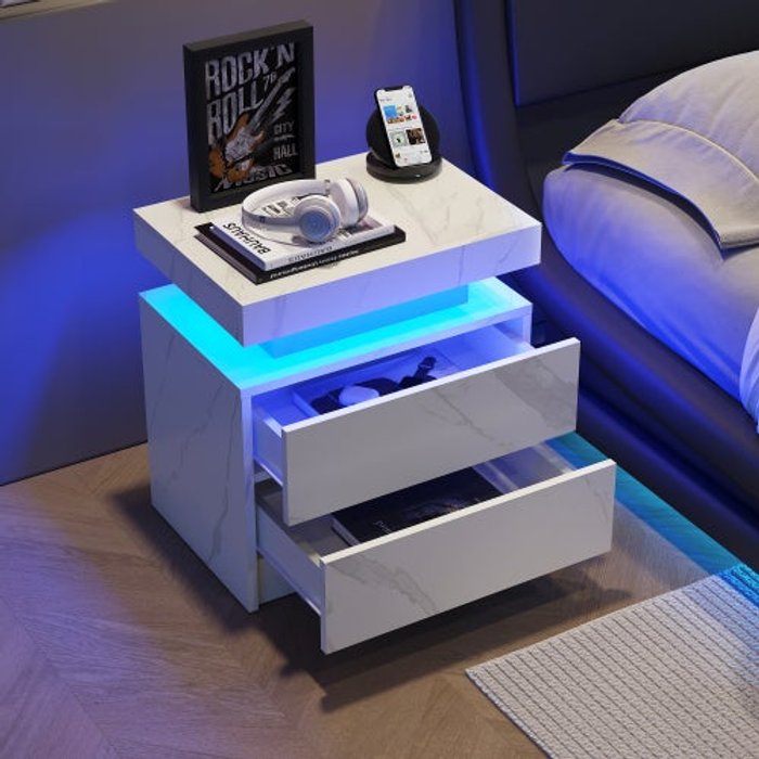 Mesita de noche led moderna con 2 cajones, mueble de cabecera en piedra blanca