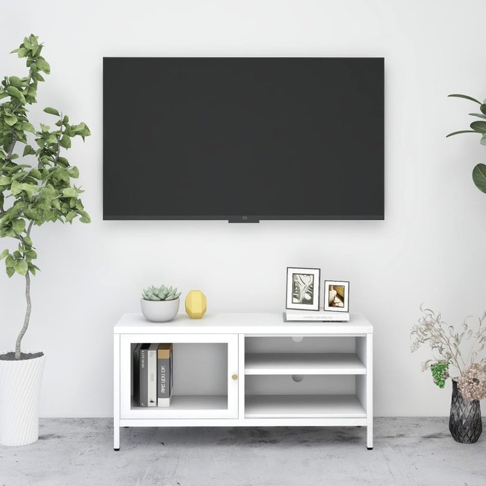 Mueble tv blanco 90x30x44 cm acero y cristal