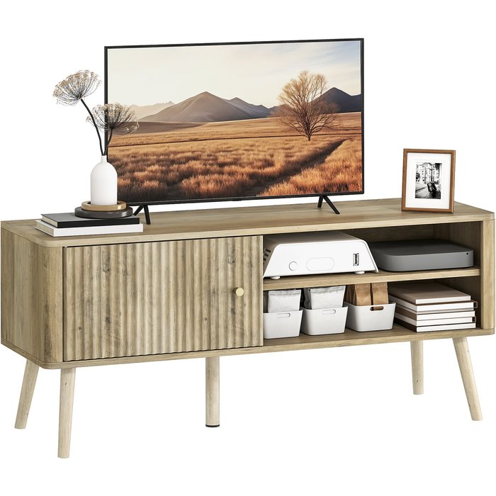 Mueble tv hasta 55 con puerta acanalada y estante ajustable 115x35x49cm roble